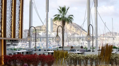 La terraza de Dársena con las lámparas colgadas, y detrás los mástiles del puerto deportivo y el Castillo de Santa Bárbara